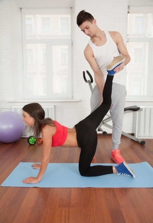 Skinny sexy gal fucked and facialized on fitness mat in front of camera
