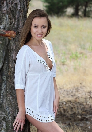 Natural 18-19 y.o. comes to spacious forest to walk naked and with no onlookers around