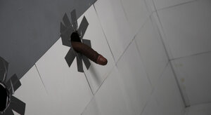 Breasty gloryhole slut opens her mouth and spreads anal hole for a duo BBCs