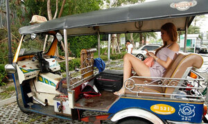 Glabrous guy and besides attractive Thai teen have nice outdoor photoshoot near rickshaw