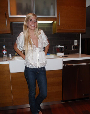 Nice-looking blonde lassie loves exposing her perky assets in various places