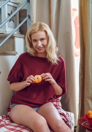 Blonde angelface casts aside warm sweater, takes off panties and also high socks