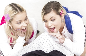 Girls beckoned by young man's boner give him a deluxe double bj till facial