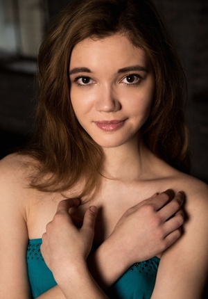 Teenage slips off the sexy blue body to show bald pussy and additionally small tits