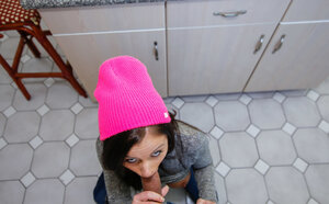 Broad in a sexy outfit lifts up her top for a cum on tits ending