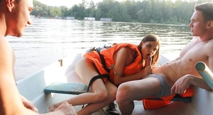 Lads shake the boat while having an intercourse slutty girl from St. Petersburg together