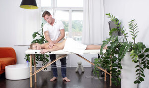 Tiny blonde gets her pink slit toyed and banged by a hung masseur