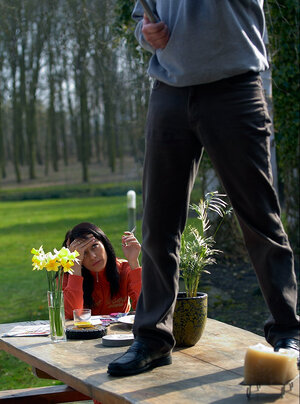 Young and fresh slut seduces an aged man in the garden and gets him hard