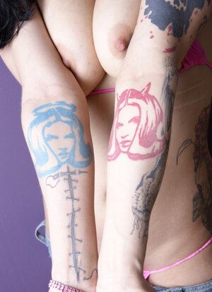 Bella Vendetta displays her natural hooters, nice ink, and moreover pierced snatch in a bikini