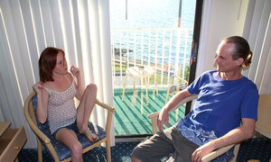Redheaded girl Alyssa Hart is jerking the man off happily