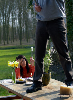 Babe in an orange overalls makes it with mustachioed homeowner outdoors