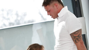 Glamorous redhead banged in mouth by dude who doesn't scruple from cunnilingus