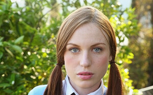 Pigtailed college slut with freckles flashes shaved cunt instead of playing piano