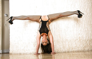 Sexy wife in bodystocking takes difficult poses artistically exposing her vagina