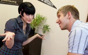 Brunette enjoy with tattooed body makes guy thrust knob into her shaved love hole