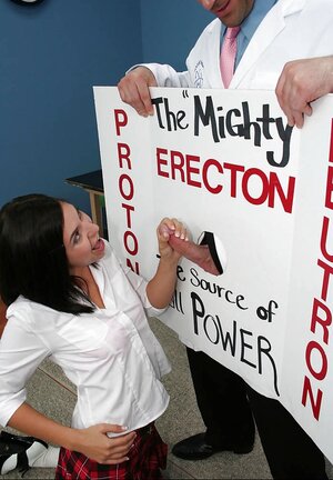 Brunette student gags on teacher's manhood through improvised gloryhole