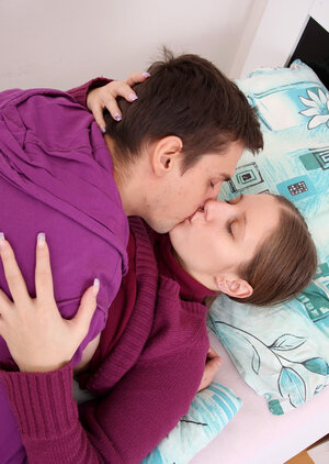 18-19 y.o. is so passionate when fella takes her to single bed from the cold for making love