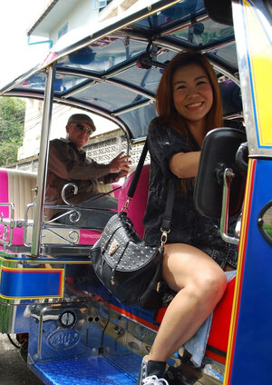 Clothed Thai kitten with a cute face and red hair can brag about great legs