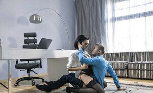 Snazzy chick with glasses and red lipstick has sex with lad on a carpet