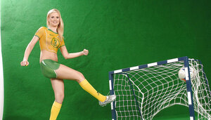 Football broad wears no outfit but just paint on her body rather uniform