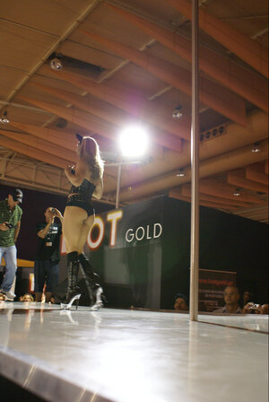 Erotically attractive stripper slowly discards leather outfit while dancing by the pole